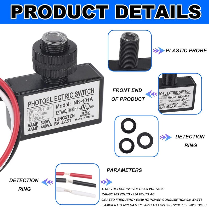 BTFO 4 Pcs 105V-130V AC Photocell Light Sensor Switch with 8 Nuts and 4 Washers, Dusk to Dawn Photoelectric Sensor with Auto On/Off for Outdoor Lighting Street Lights - Image 3